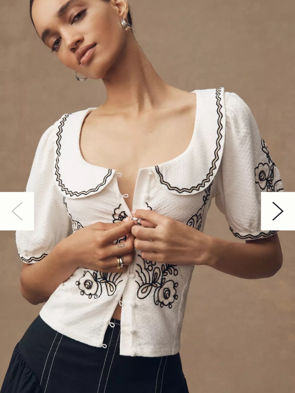 Anthropologie White Blouse with Black Embroidery